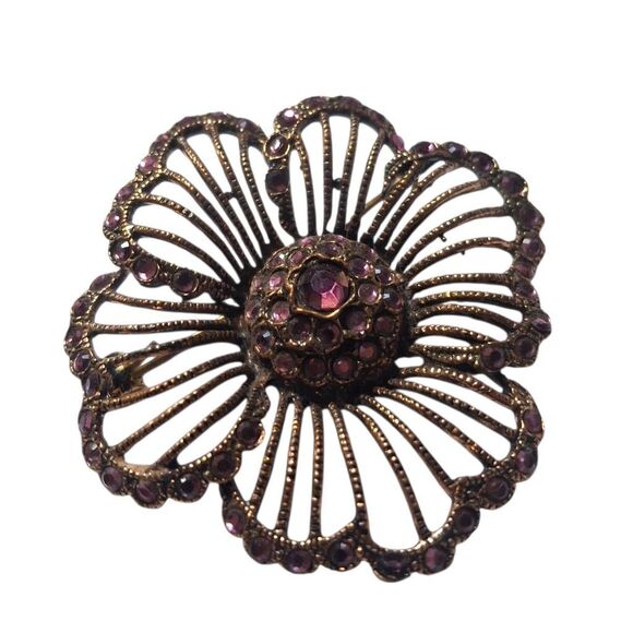 Vintage Copper-Tone Floral Rhinestone Brooch – Pink Crystal Flower Pin, 1.75" - Picture 2 of 4